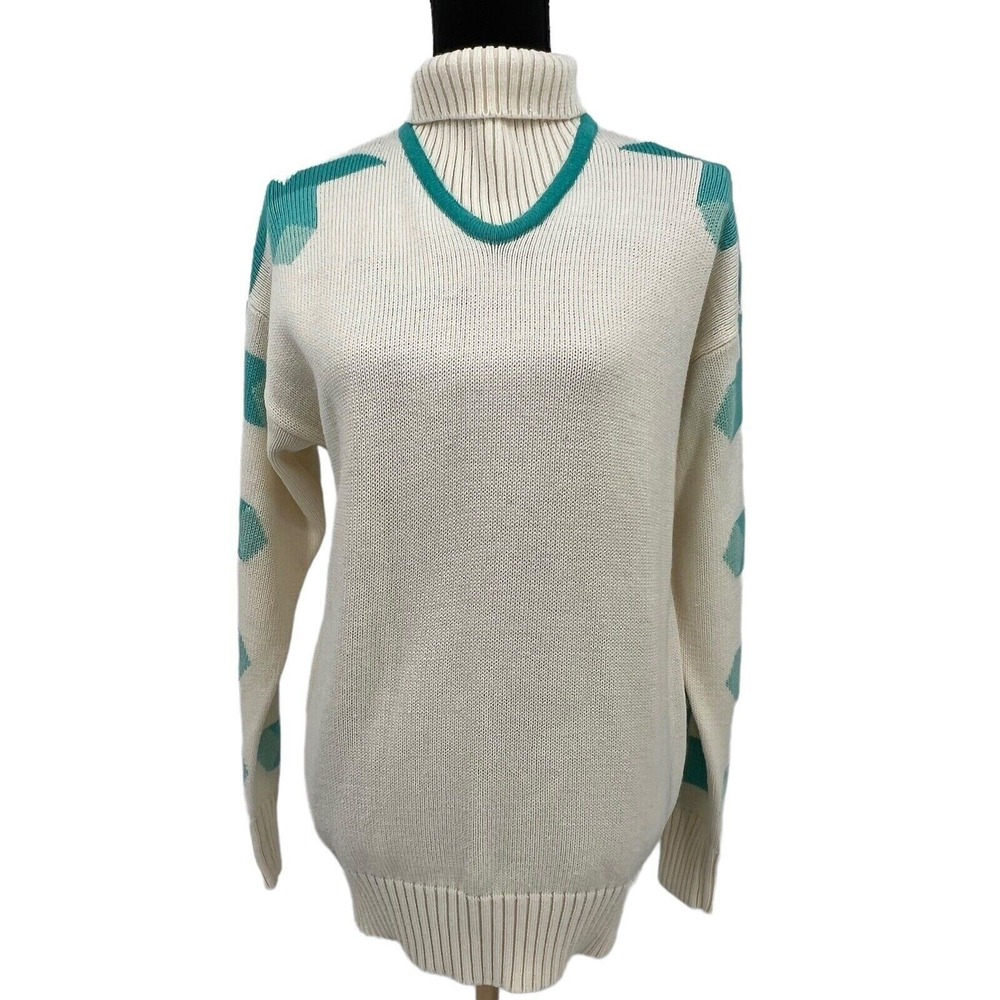 Vintage Meister Women Turtleneck Sweater Cream Teal Geometric Retro‎ Knit Large